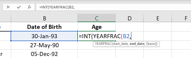02 start date how to calculate age in excel - type the following formula
