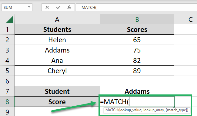 Writing the Excel MATCH function