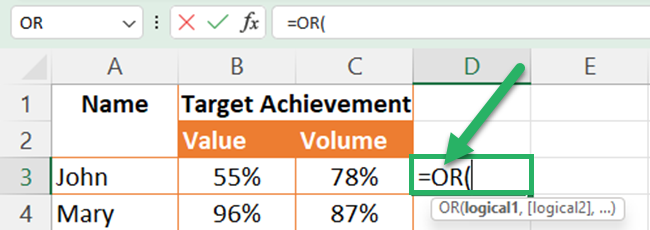 Select the OR function Excel