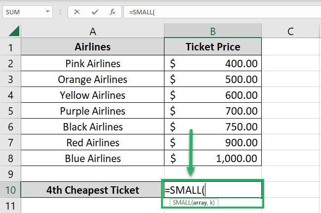 Writing the Excel SMALL function