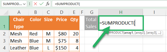 Selecting the SUMPRODUCT function