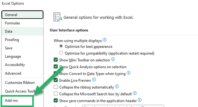 Select Add-ins from Excel options.