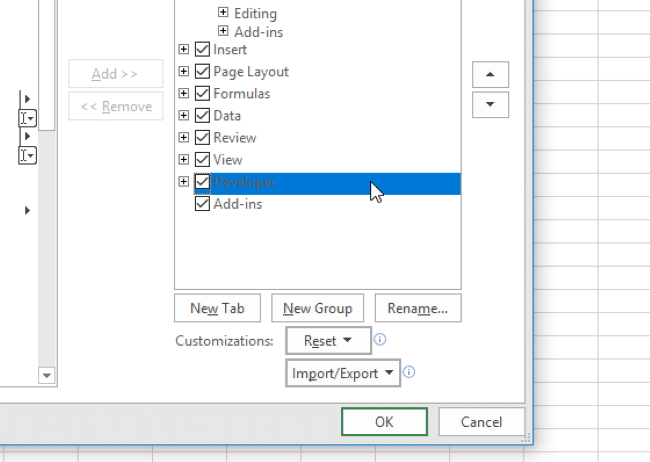 Click to add the developer tab in excel