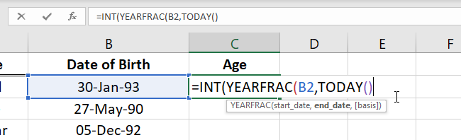 03 end date how to calculate age in Excel - type the above formula