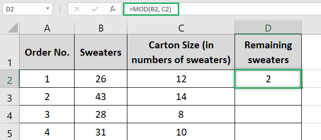 MOD returns remainder number with same sign.