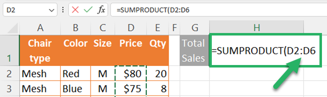 Selecting the first array for the SUMPRODUCT function