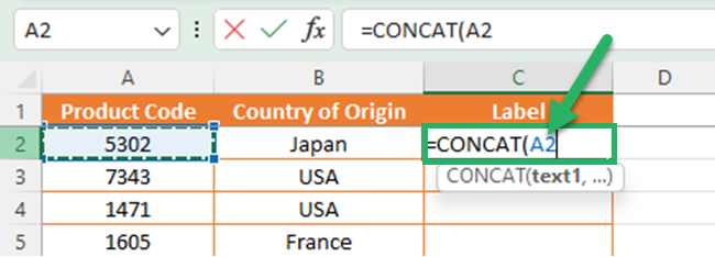 Selecting the first text string for the concatenate function