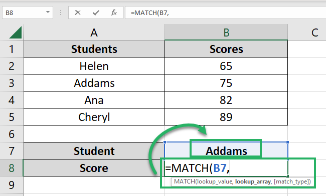 First value of the MATCH function Excel