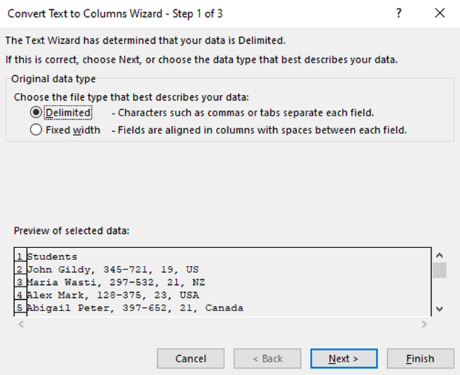 Text to column wizard dialog box.