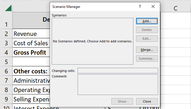 The scenario manager dialog box