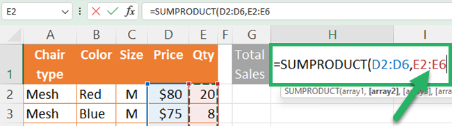 Selecting the second array for the SUMPRODUCT function