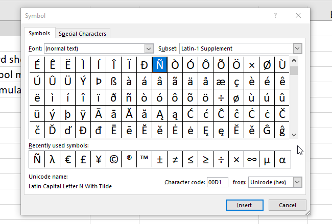 symbol dialog box