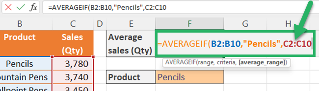 Entering the average range for the Excel AVERAGEIF function