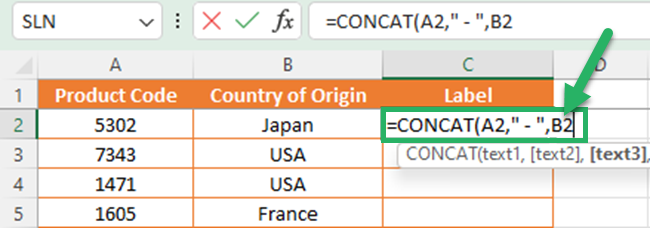 Giving cell references for text strings for Excel concatenate function