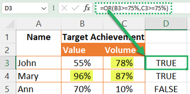 The OR function evaluate arguments for two values and return true or false