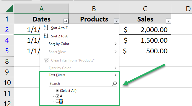 Filtering the sales for Product A 