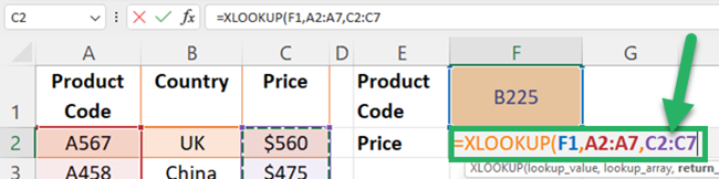 Selecting the lookup array for the excel XLOOKUP function