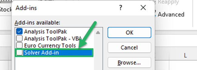 Select the Solver Add-in check box from the Add-ins available box.