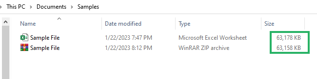 05 sizes column Save files after zipping.