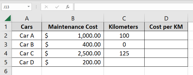 Details for different cars