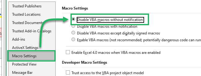 Option to disable excel macros (visual basic editor)