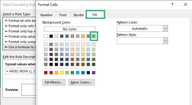 Format cells dialog box to shade alternate rows