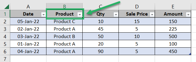 Filter applied on each table column