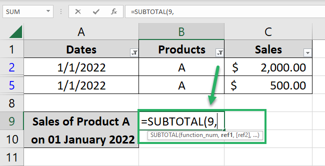 Subtotal formula (function number) options