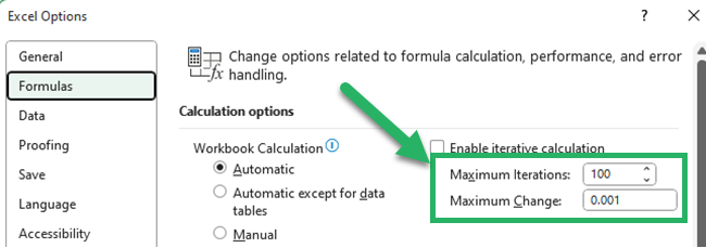 Excel iteration settings
