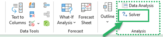 Excel Solver button in the analysis group of the Data tab.