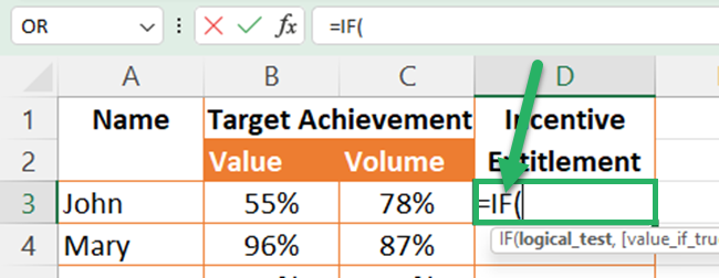 Selecting the IF function to apply the OR function in Excel