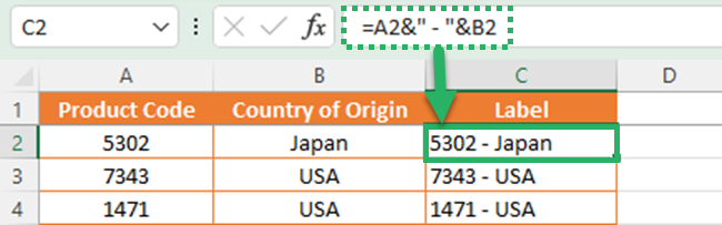 Combine texts from different cells using ampersand (&) sign