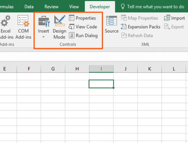 developer tab in excel to insert interactive tools and design mode