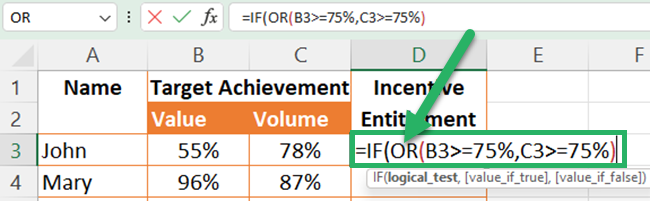 Insert the OR function as the test argument of the IF function in Excel.