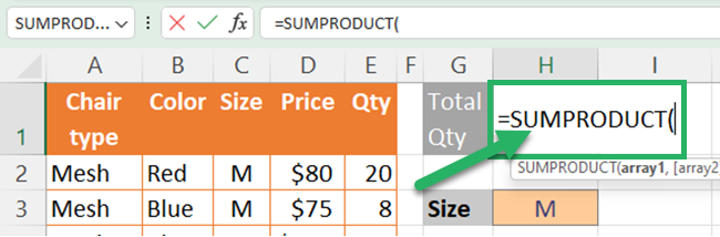 Selecting the SUMPRODUCT function