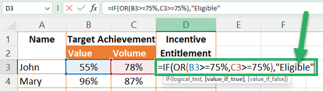 Providing the value to be returned if the logical test result is True.