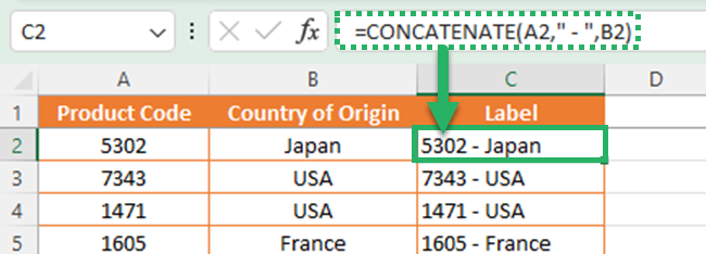 Using Excel CONCATENATE function to combine text strings from multiple cells.