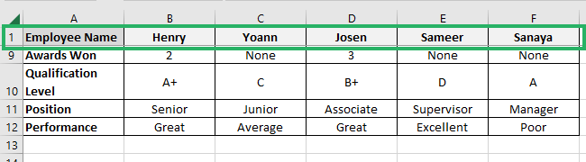 Worksheet with first locked row