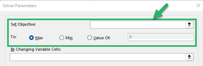 Solver parameters dialog box - Set objectives