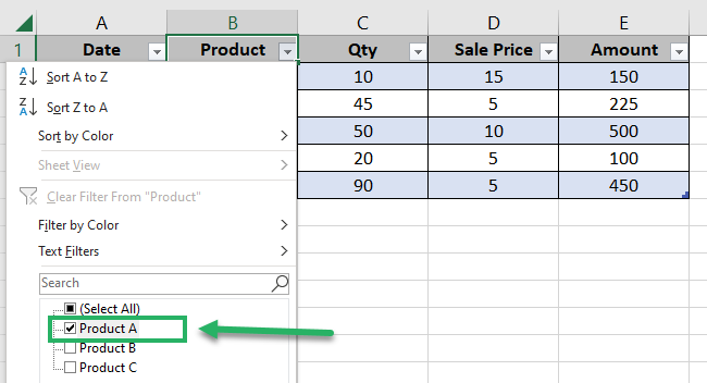 Filtering sales for product A only