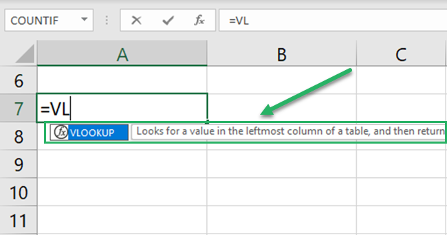 All Excel formula names with VL appear