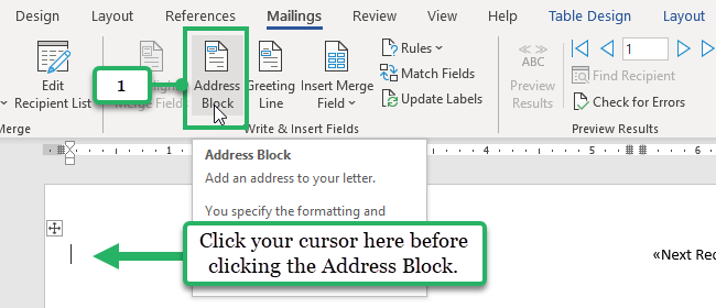 insert merge field - address block