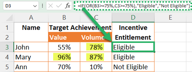 Combining IF and OR functions in Excel to get the expected value.