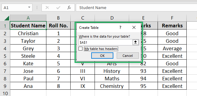 Create table dialog box