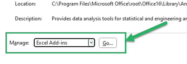 In the Manage box, select Excel Add-ins and then click Go