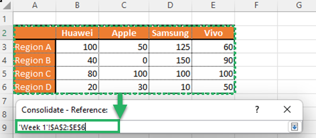 11 select sales data Selecting sales data in Week 1 sheet