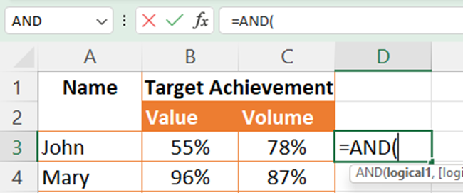 Entering the AND function in Excel.