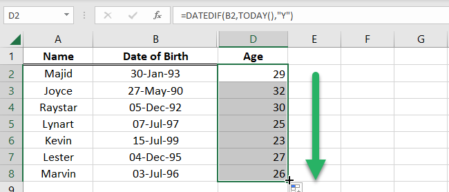 12 fill handle calculate age in excel