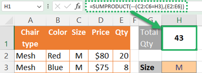 SUMPRODUCT function with double negative sign to convert true and false values to numerical values