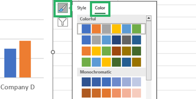 Drop-down menu of color palettes